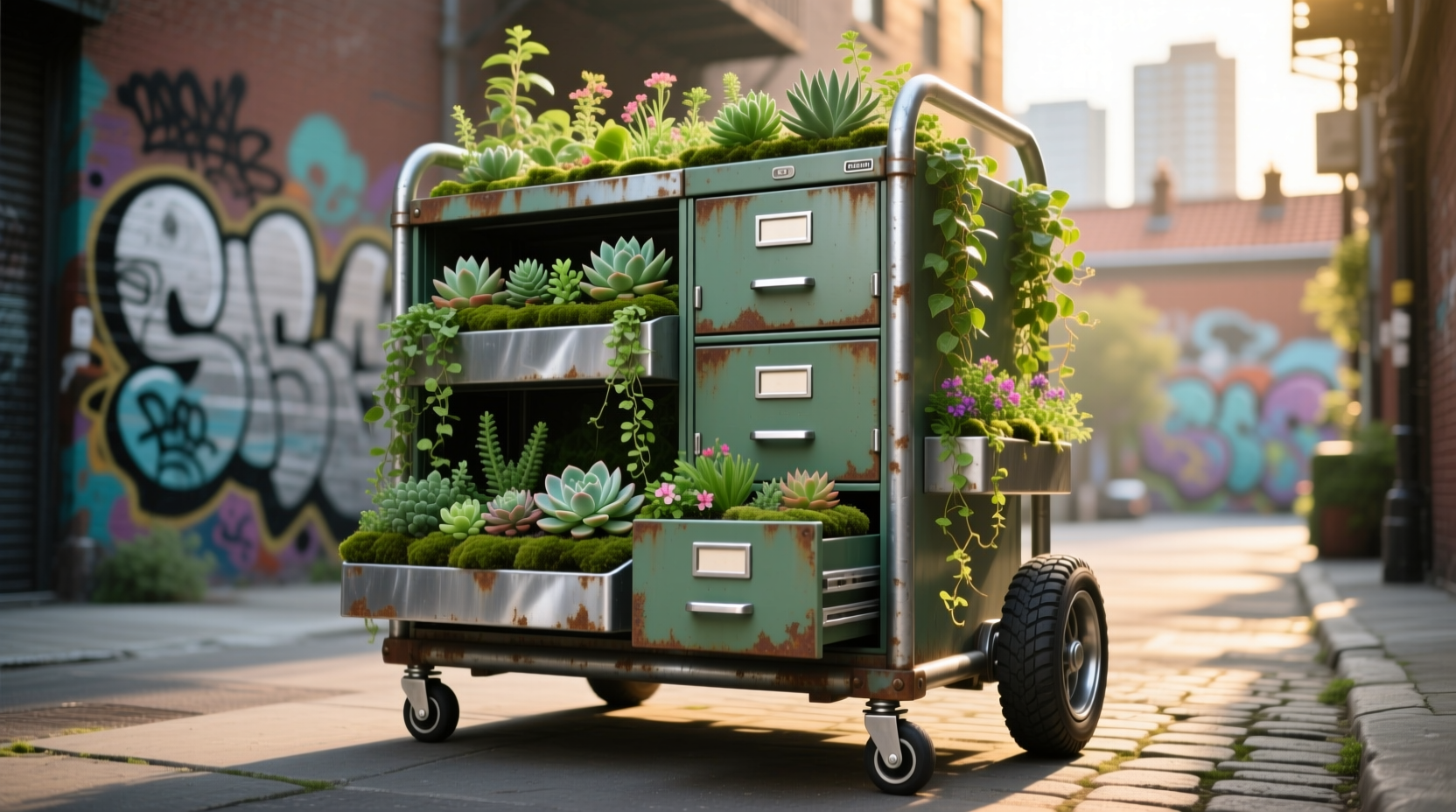 turn a filing cabinet into a rolling container garden