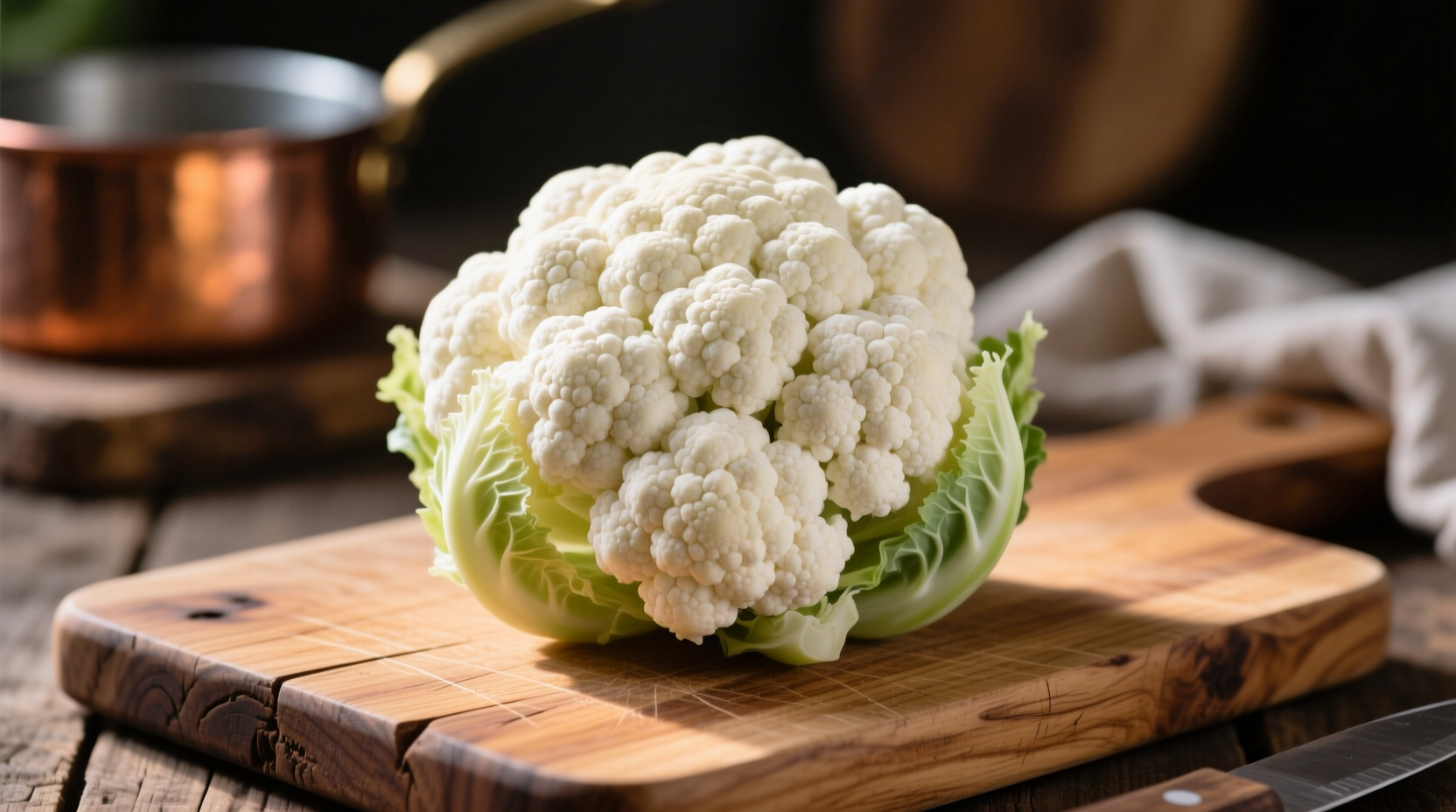 Fresh cauliflower head on wooden cutting board