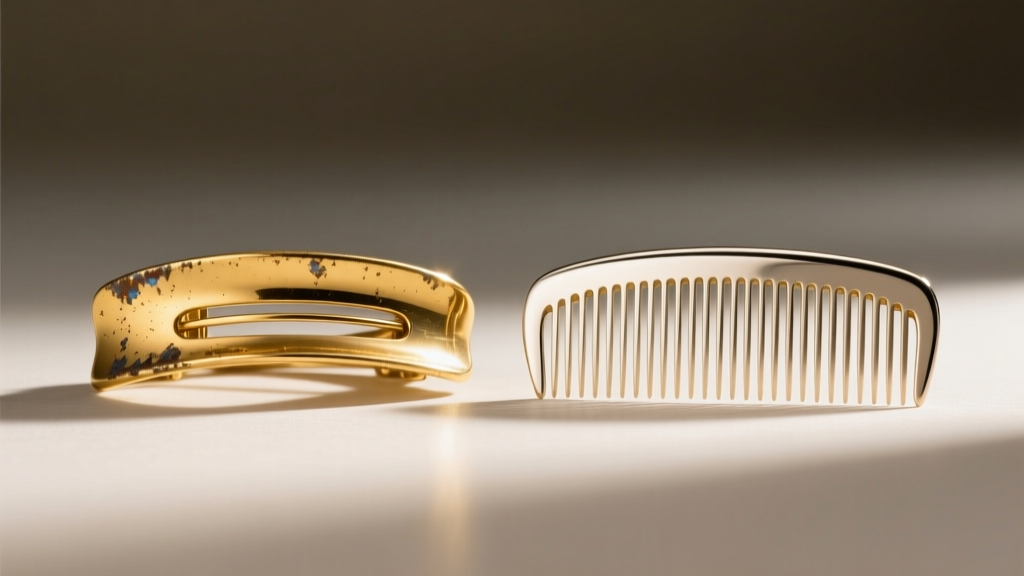 Side-by-side view of a worn gold-plated hair slide and pristine vermeil comb under bright, directional studio lighting setup.
