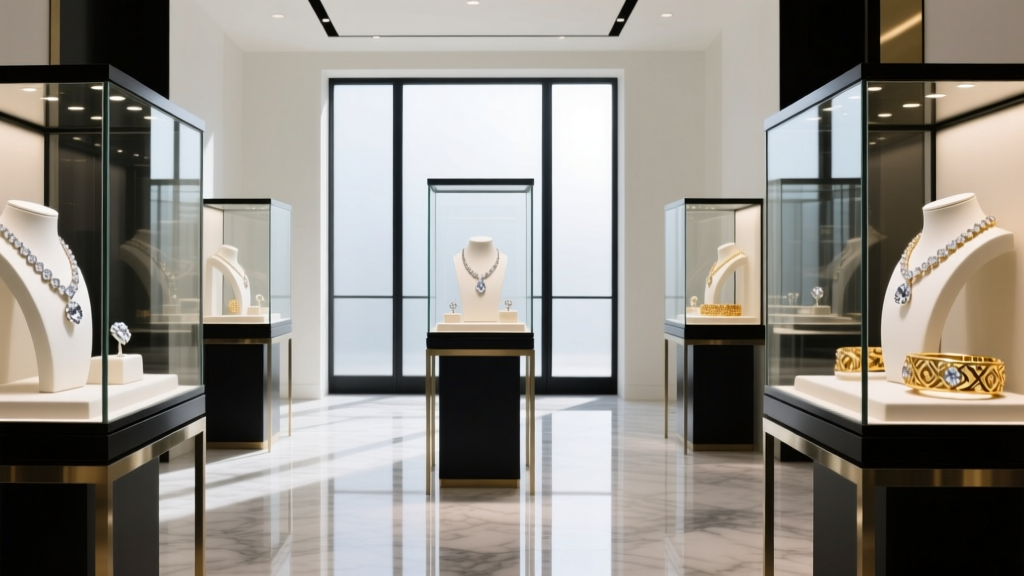 Luxurious jewelry showroom interior with illuminated glass cases showcasing diamond necklaces and polished gold bracelets.