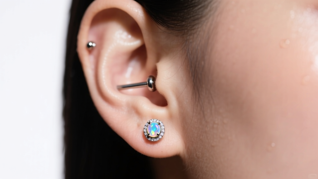 Fresh earlobe piercing featuring a 16-gauge titanium flat-back labret with a bezel-set opal, illuminated by soft studio lighting