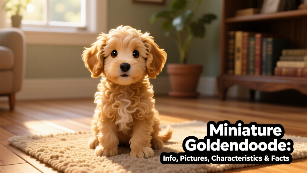 A playful Miniature Goldendoodle puppy sitting on a sunlit rug, showing its soft wavy coat and expressive eyes