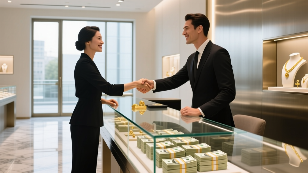 Customer and buyer shaking hands across a glass jewelry counter after a gold sale, with neatly stacked cash bills on the desk