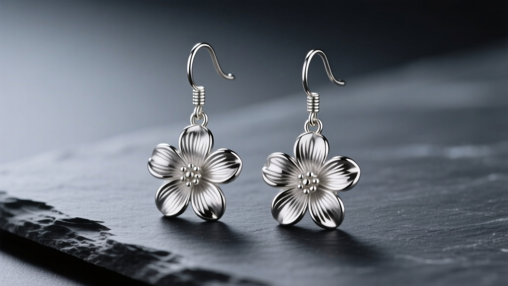 Silver flower dangle earrings with textured petals and a 20-gauge hook, resting on dark slate under soft studio lighting