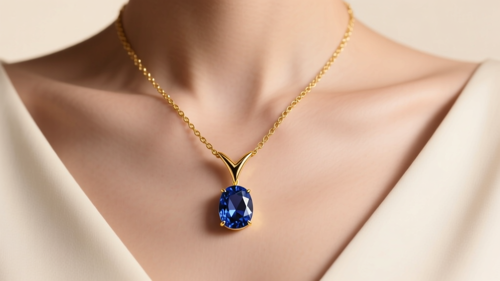 Close-up of an 18k gold Y-drop cleavage necklace with a sapphire pendant resting in a deep V-neckline, soft warm studio lighting