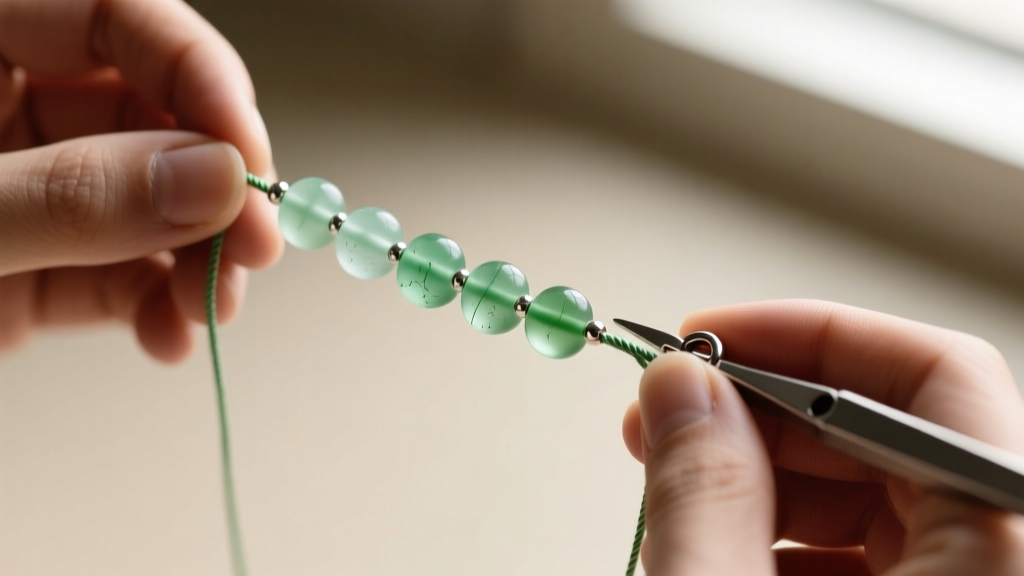 Hands stringing frosted green sea glass beads onto nylon cord, securing them with small silver crimp beads and a stainless clasp.