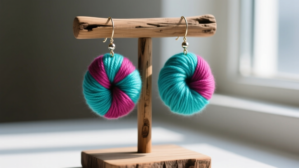 Macro shot of vibrant turquoise and magenta mercerized cotton yarn earrings hanging from a rustic wooden jewelry display stand.
