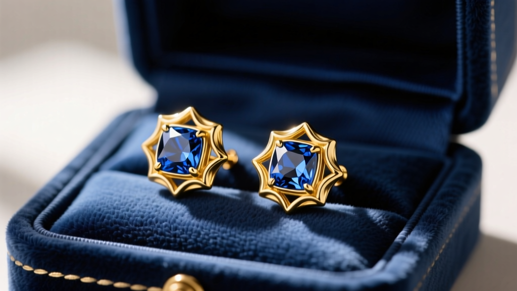 Macro shot of 18k yellow gold David Yurman Albion earrings with cushion-cut sapphires resting inside an open navy blue velvet box