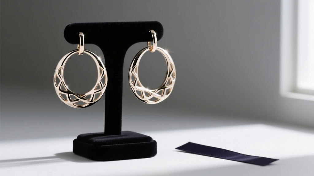 Large hoop earrings hanging on a velvet jewelry stand to prevent warping, with dark anti-tarnish strips placed closely nearby