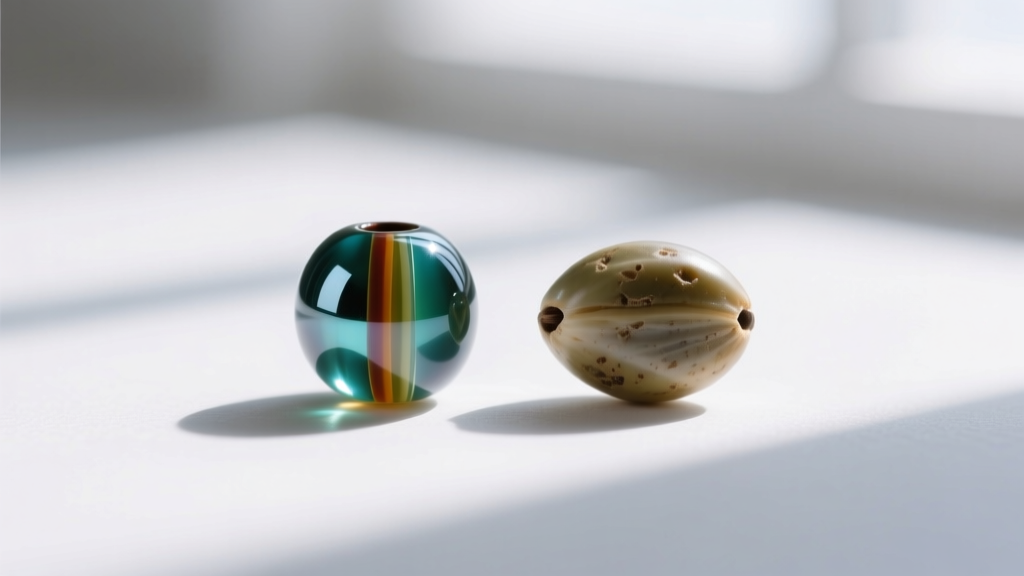 Extreme close-up comparing a uniform 11/0 Japanese cylinder bead next to a slightly irregular traditional round glass seed bead.