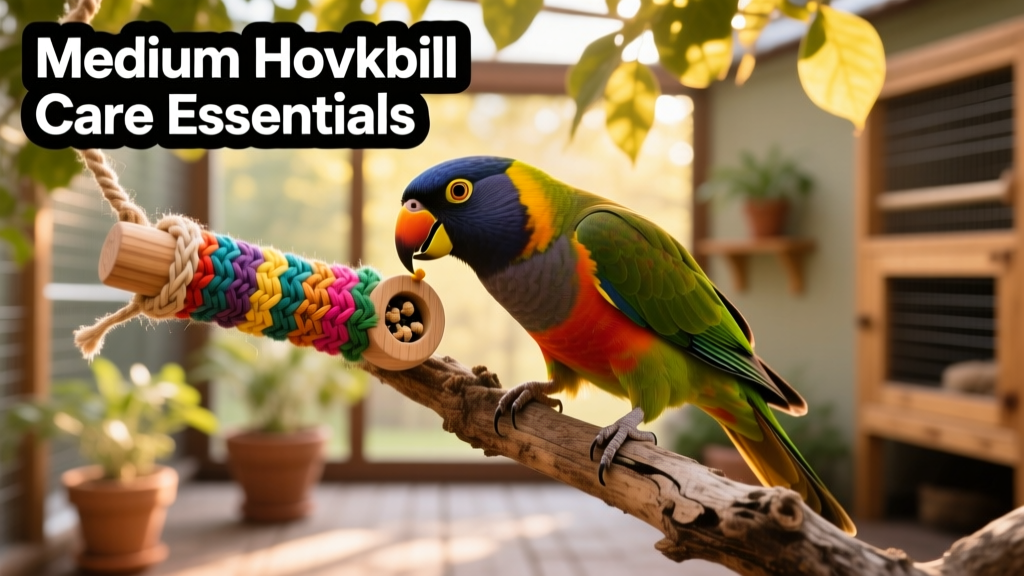 A medium hookbill interacting with a colorful foraging toy while perched on a natural branch