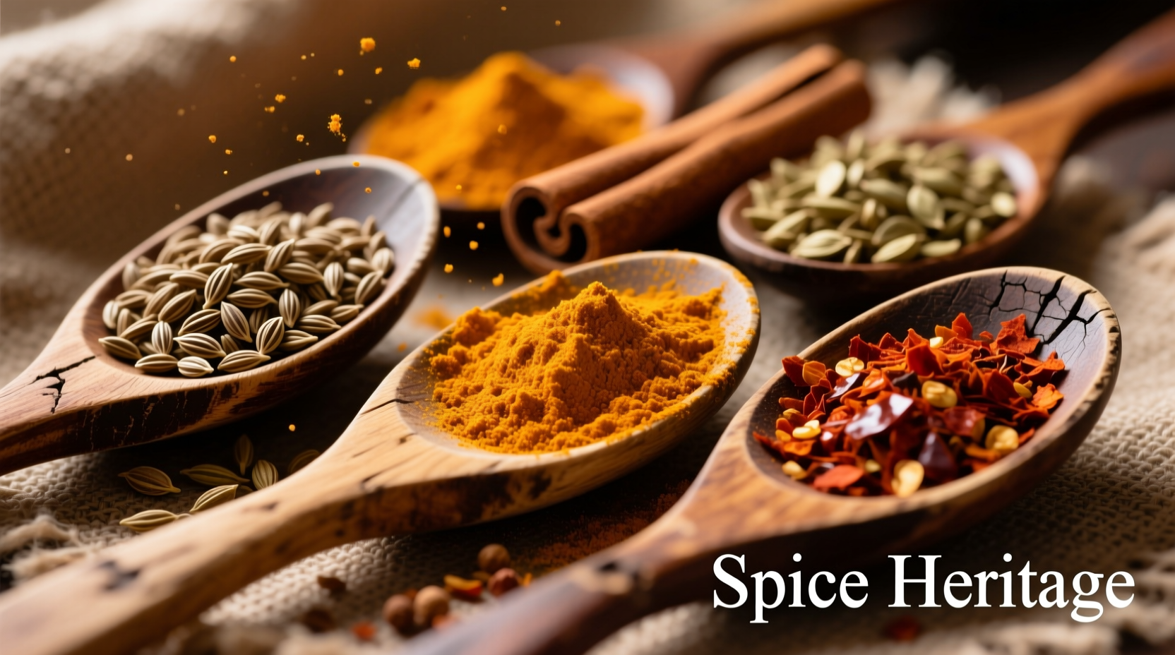 Close-up of various spices on wooden spoons