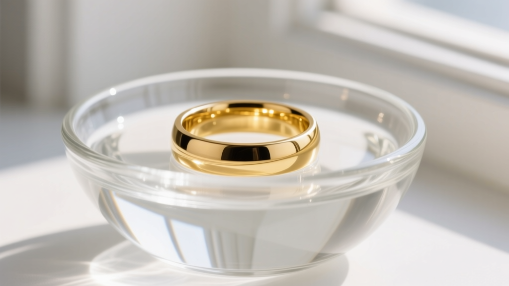 Macro shot of a solid 14k yellow gold band resting in a small glass bowl of clear distilled white vinegar, bright natural lighting