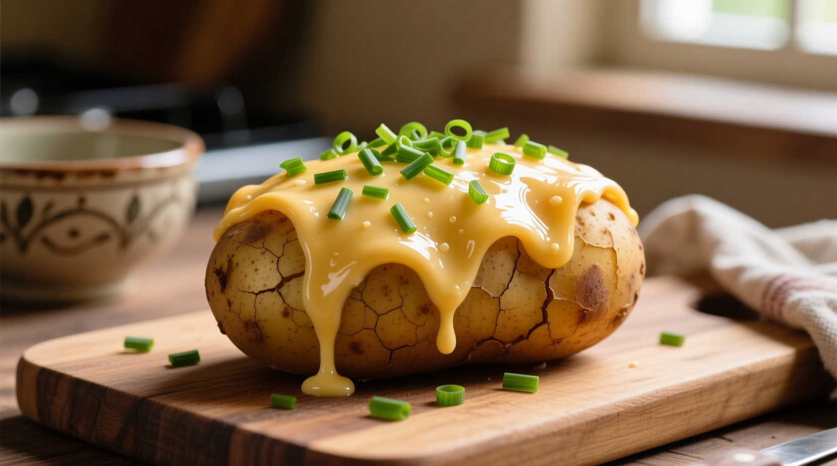 Perfectly topped baked potato with melted cheese and chives