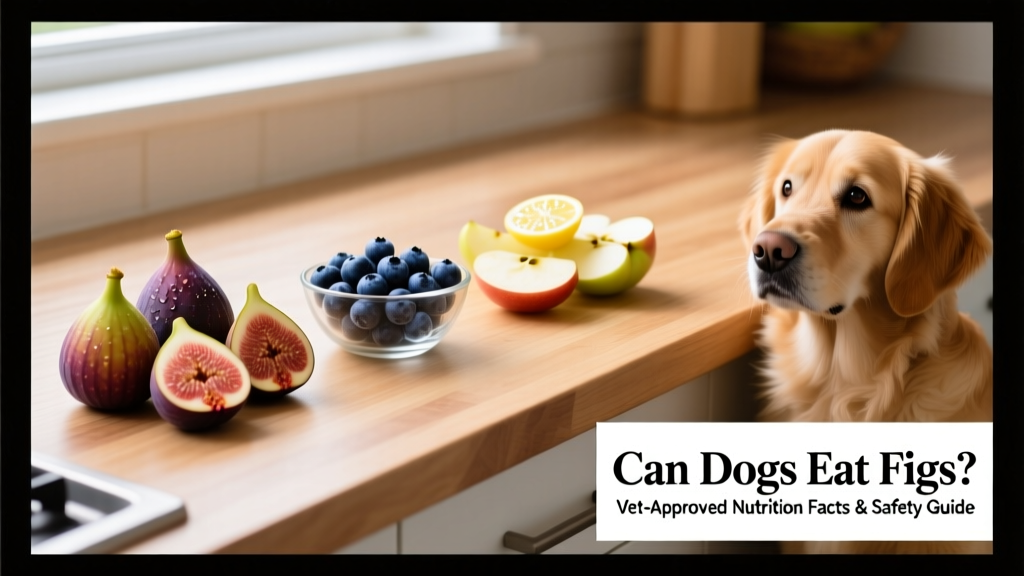 Side-by-side comparison of fresh figs, blueberries, and apple slices on a pet-friendly kitchen counter