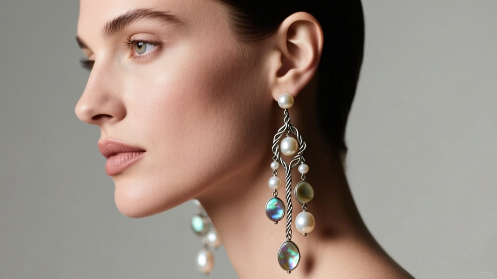 Side profile of a model wearing long asymmetrical beaded drop earrings with baroque freshwater pearls and oxidized silver wire