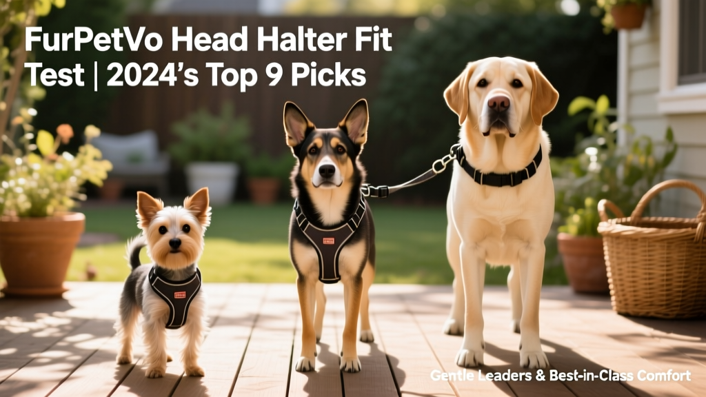 Side-by-side comparison showing proper FurPetVo head halter fit on three different dog breeds: small terrier, medium shepherd mix, and large Labrador
