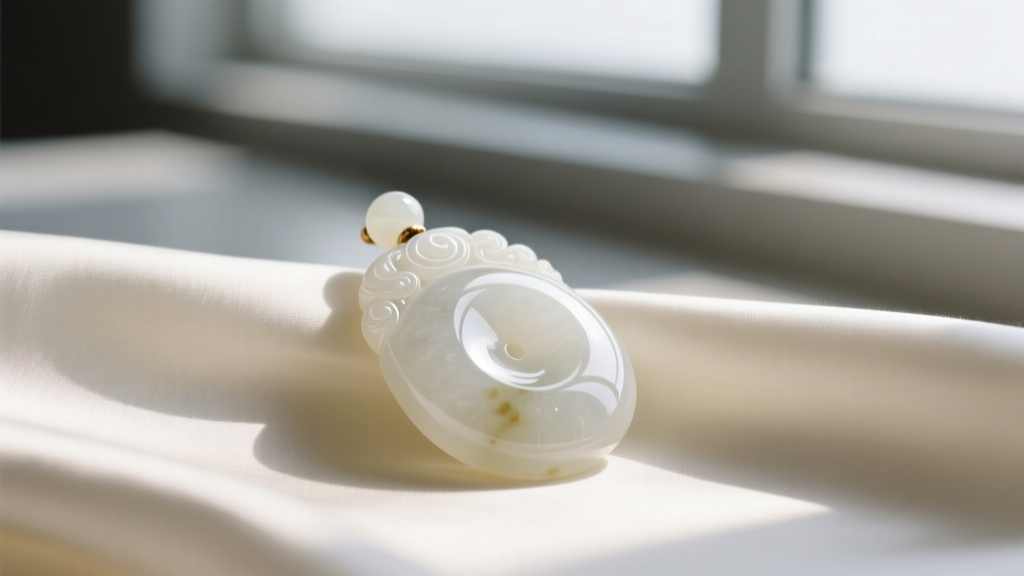 Close-up of carved Hetian mutton fat white jade pendant showing its greasy luster and subtle translucency on silk cloth