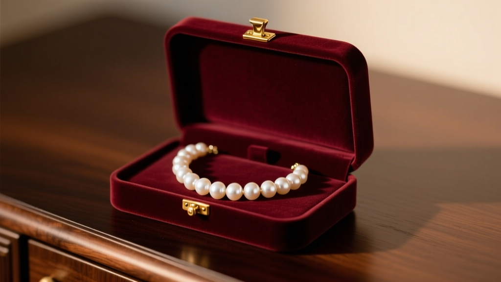 Open velvet box revealing a glowing 7mm white Akoya pearl necklace with a gold clasp on a dark oak dresser, soft warm lighting.