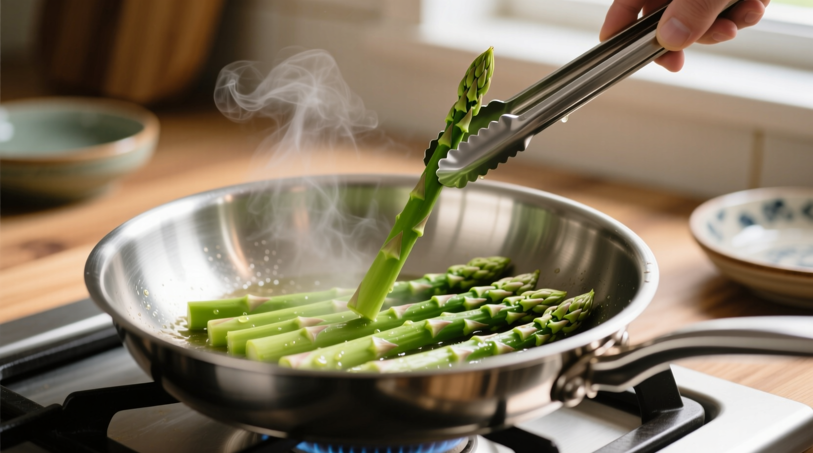 Fresh asparagus cooking in stainless steel pan with tongs