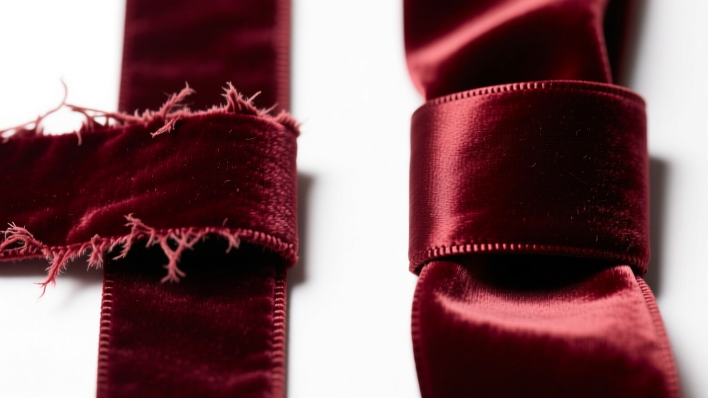 Macro photo comparing frayed polyester velvet ribbon on the left to smooth rich silk velvet ribbon on the right under studio lighting.