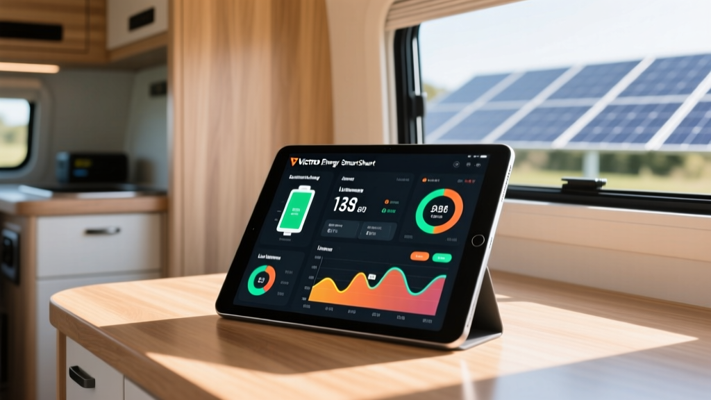 Tablet showing Victron Energy SmartShunt app with real-time lithium battery voltage and solar charging metrics inside RV.