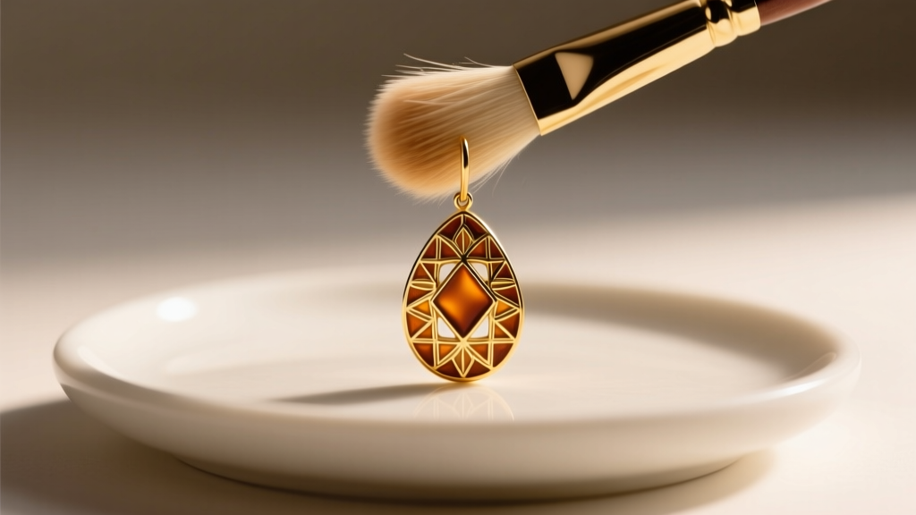 A soft camel-hair brush gently dusting a gold and guilloché enamel drop earring on a ceramic tray, illuminated by warm light