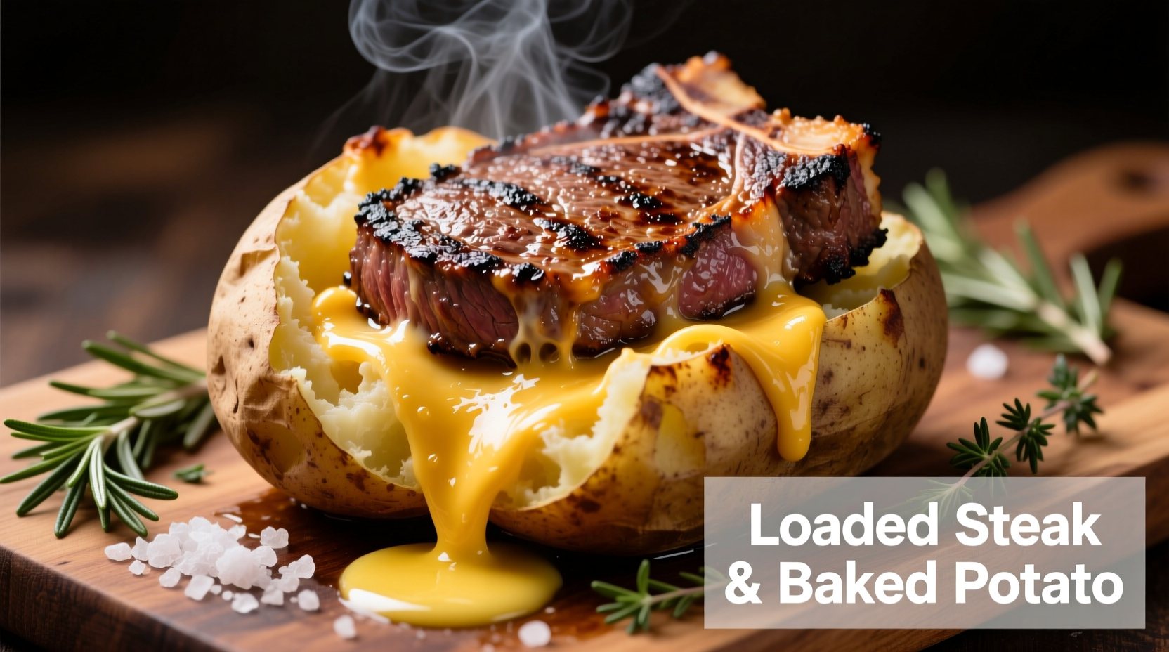 Loaded steak baked potato with melted cheese