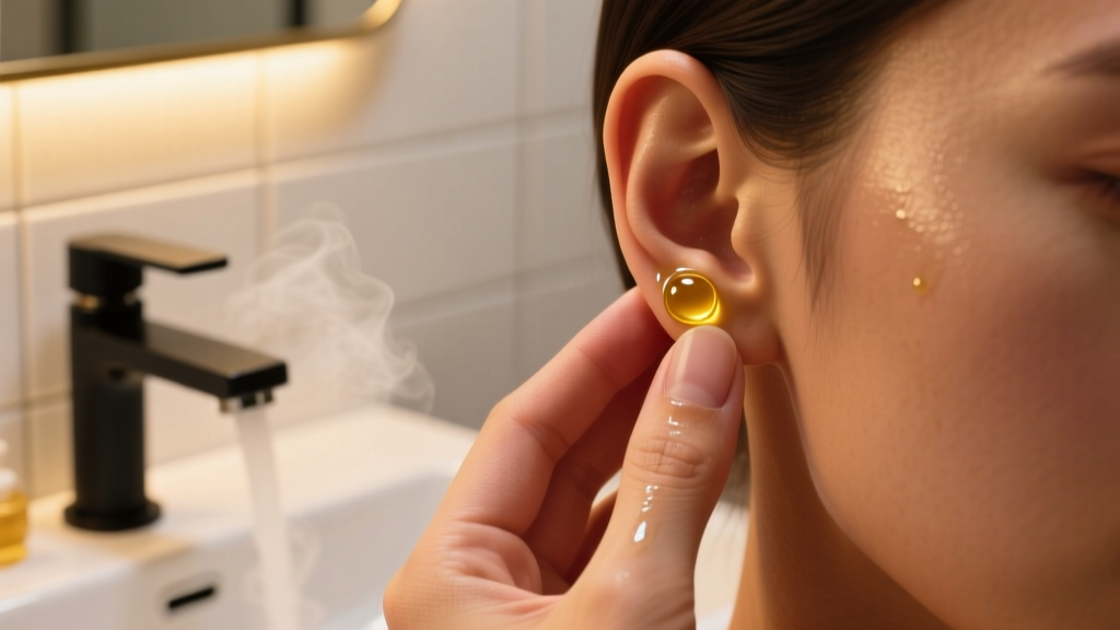 Fingers massaging an earlobe with jojoba oil, showing a circular healing technique under warm, soft ambient bathroom lighting.