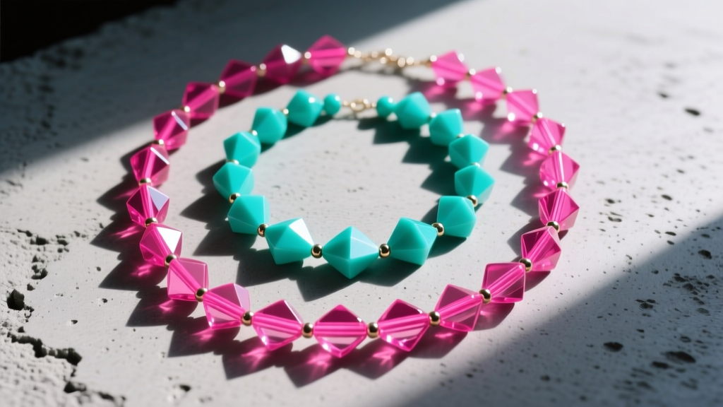 Flat lay of 1980s Memphis-style geometric resin bead necklaces in neon pink and teal on a textured grey concrete surface.