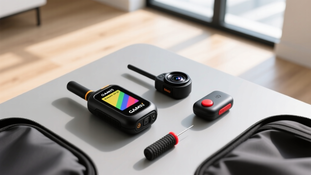 Top-down view of an expert travel safety kit featuring a Garmin satellite messenger, discreet wearable camera, and personal alarm