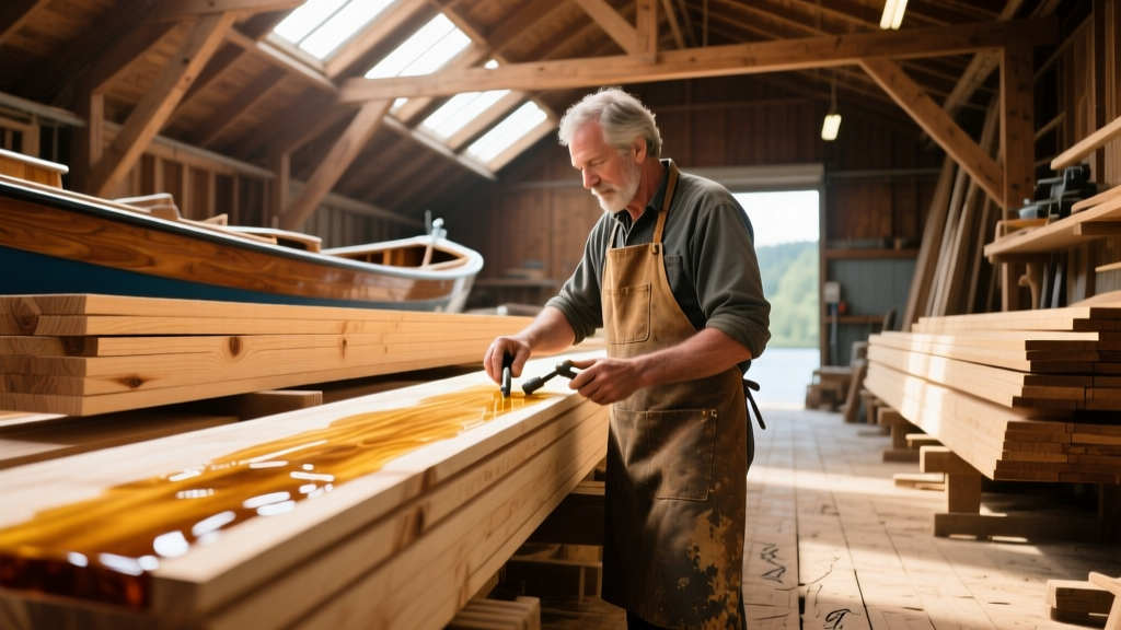 Master boatbuilder inspecting stacked marine-grade Douglas fir planks and epoxy resins in a well-lit wooden boat construction shipyard.