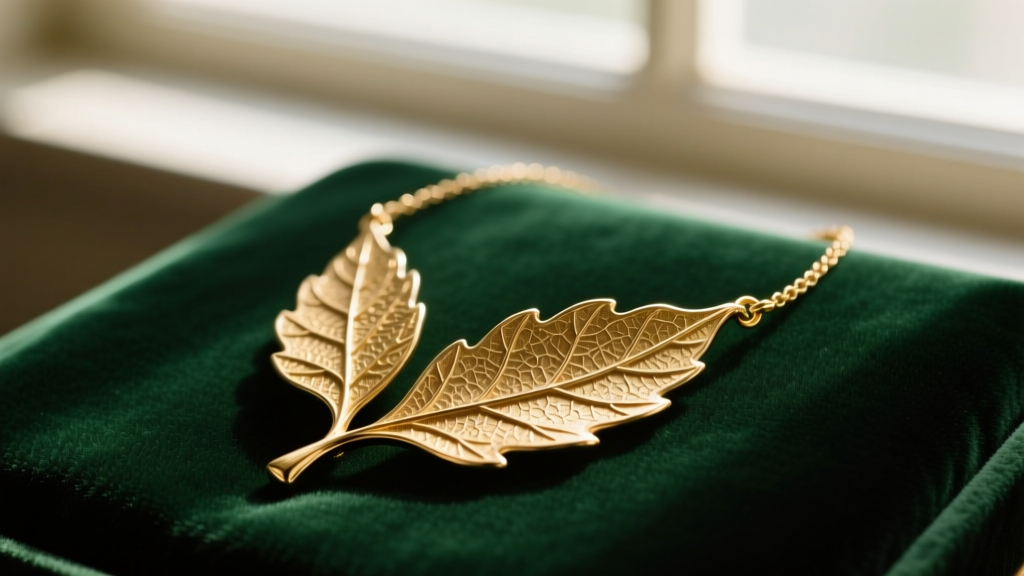 Close-up of a 1950s gold-filled vintage leaf necklace on dark green velvet, highlighting intricate vein textures and warm patina.