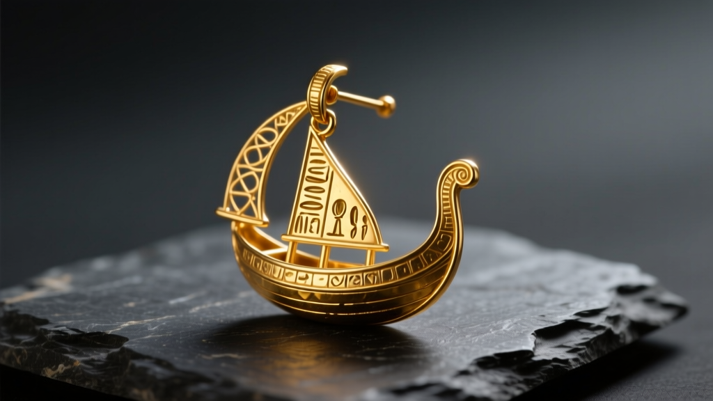 Macro shot of an ancient replica 22k gold Sumerian boat earring resting on dark slate under warm directional spotlight lighting