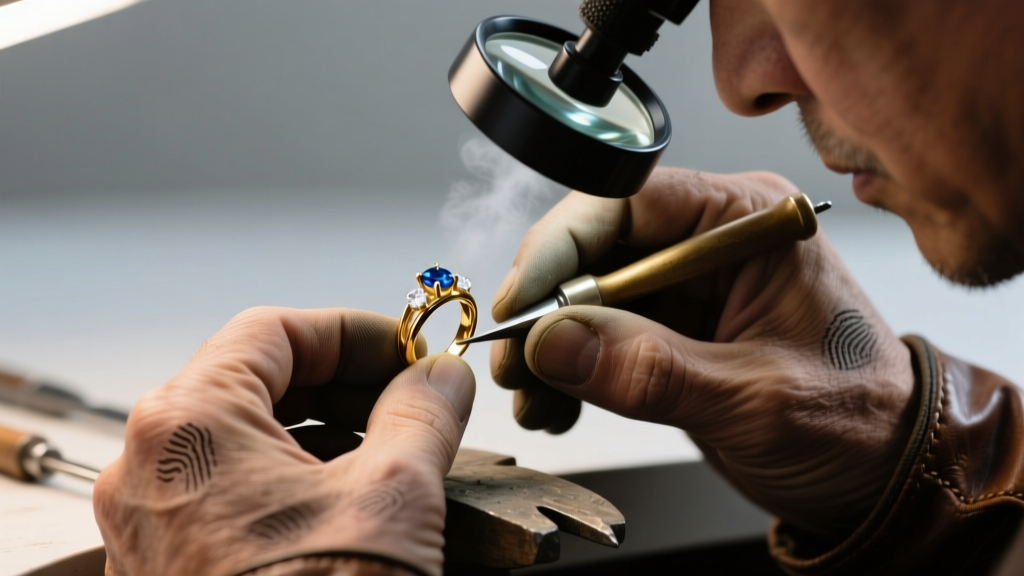 Macro shot of a jeweler's loupe examining a stamped 14k hallmark on a vintage gold earring post against dark velvet.