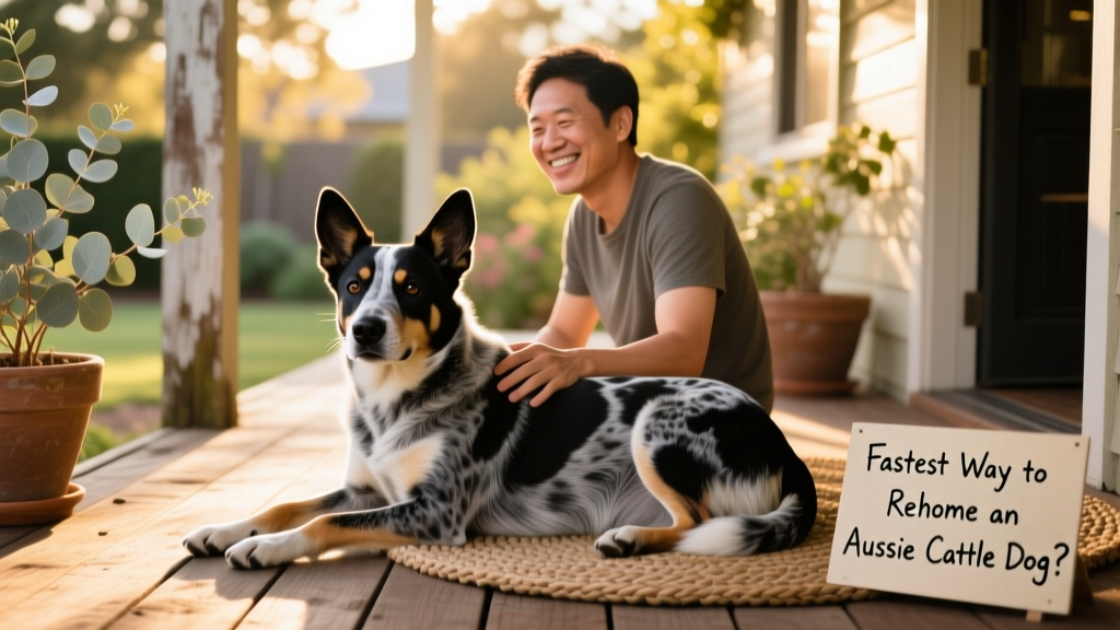 Australian Cattle Dog resting calmly beside a family member on a sunlit porch, both relaxed and content
