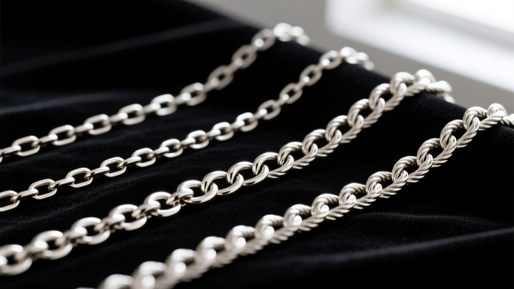 Close-up of three silver chain weaves: a delicate box chain, a twisted rope chain, and a classic cable chain on dark velvet