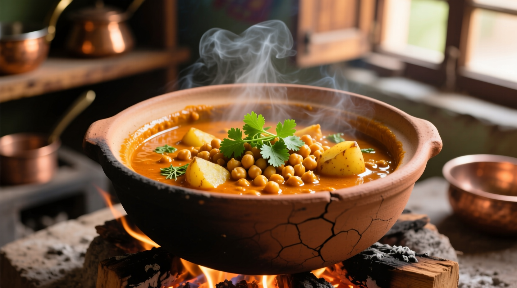 Chickpea curry with potatoes in clay pot