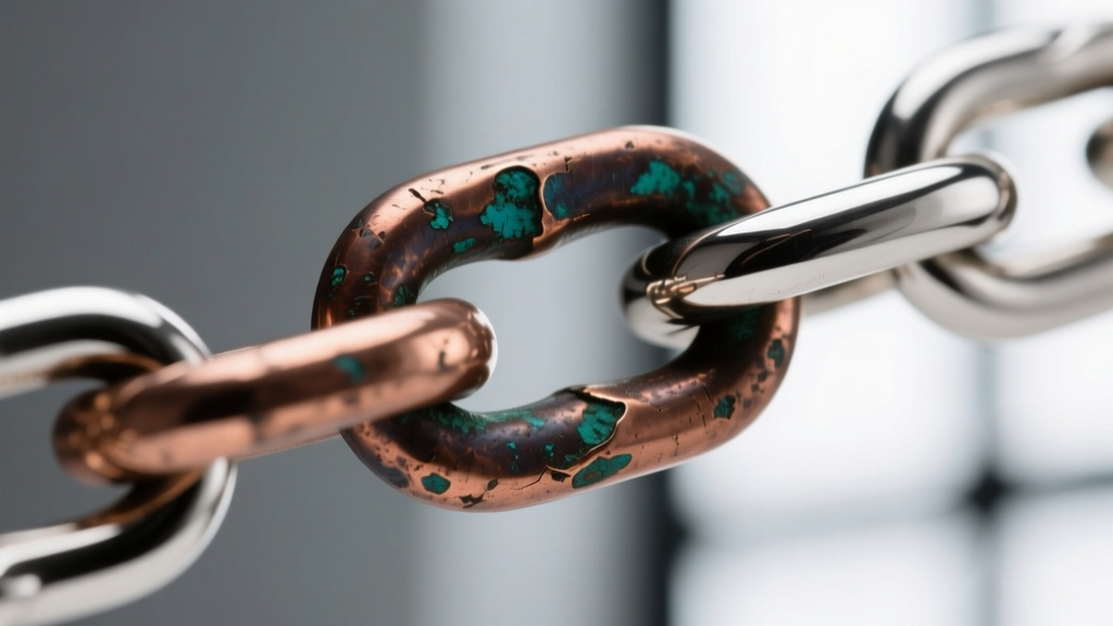 Macro shot of oxidized copper and sterling silver chain links, showing dark patina contrasting against bright polished metal edges.