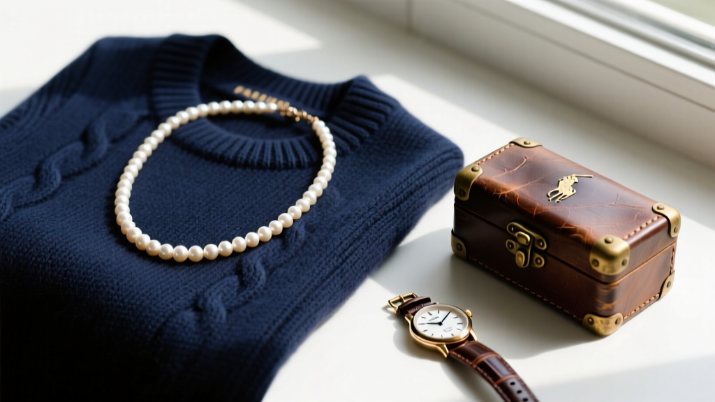 Flat lay of a Ralph Lauren glass pearl necklace resting on a navy cashmere sweater next to a vintage leather watch box.