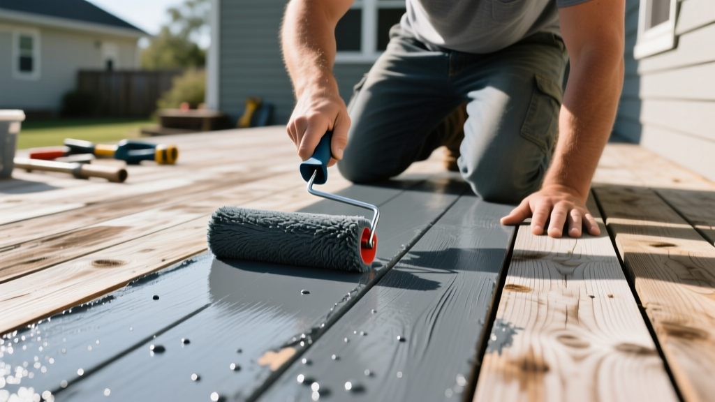 Homeowner applying a coat of slate-gray exterior acrylic paint to a faded first-generation composite deck board using a thick nap roller