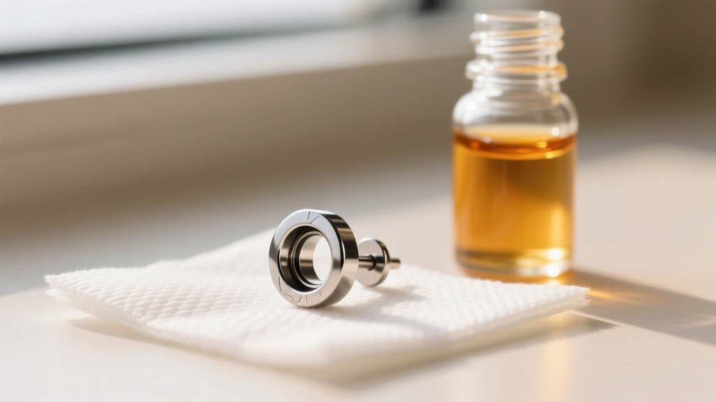 Macro shot of an 18-gauge implant-grade titanium flat back labret earring on sterile gauze next to a small bottle of jojoba oil.