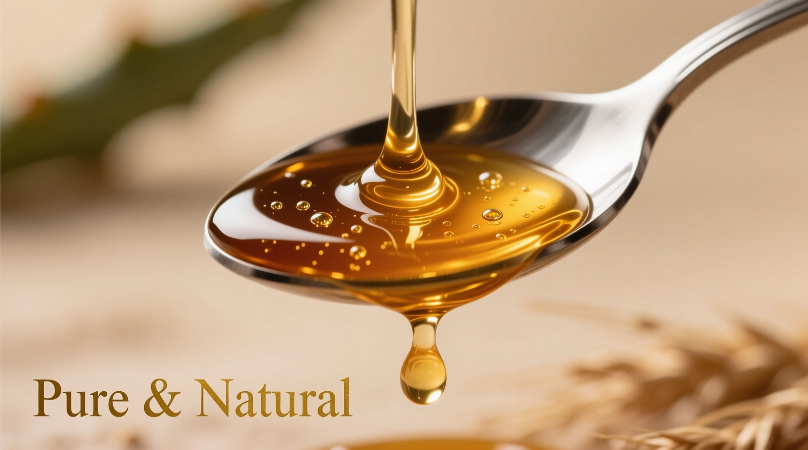 Close-up of golden agave nectar drizzling from spoon