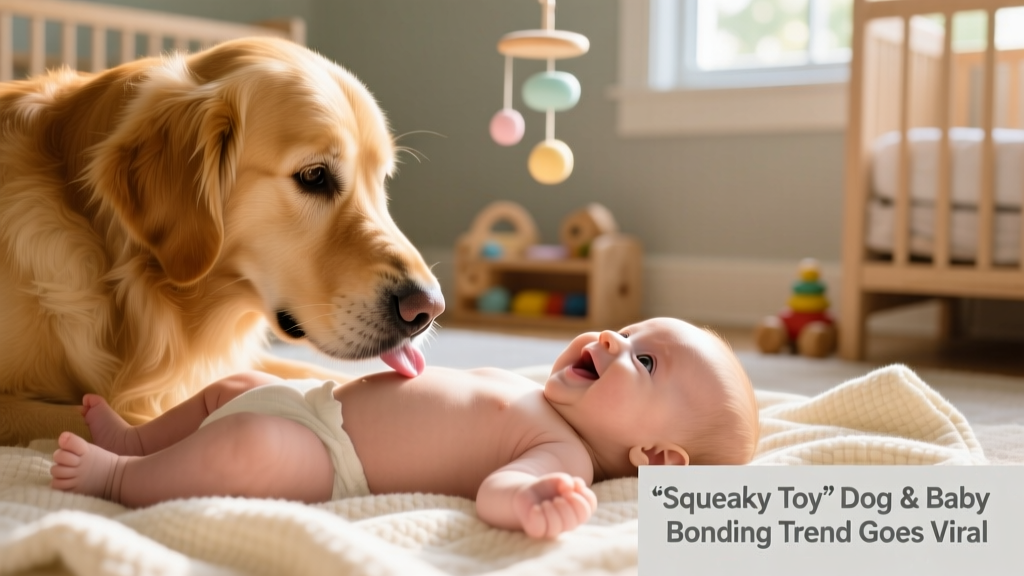 Close-up of a golden retriever’s nose gently touching a baby’s belly during tummy time