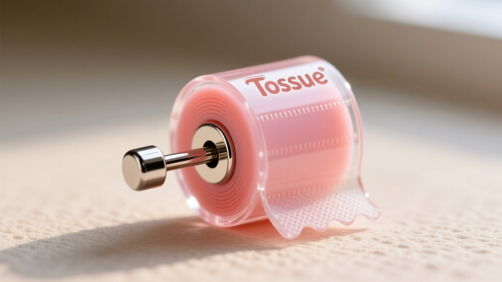 Close-up of a titanium earring post and silicone backing attached to a novelty acrylic toilet paper roll shape