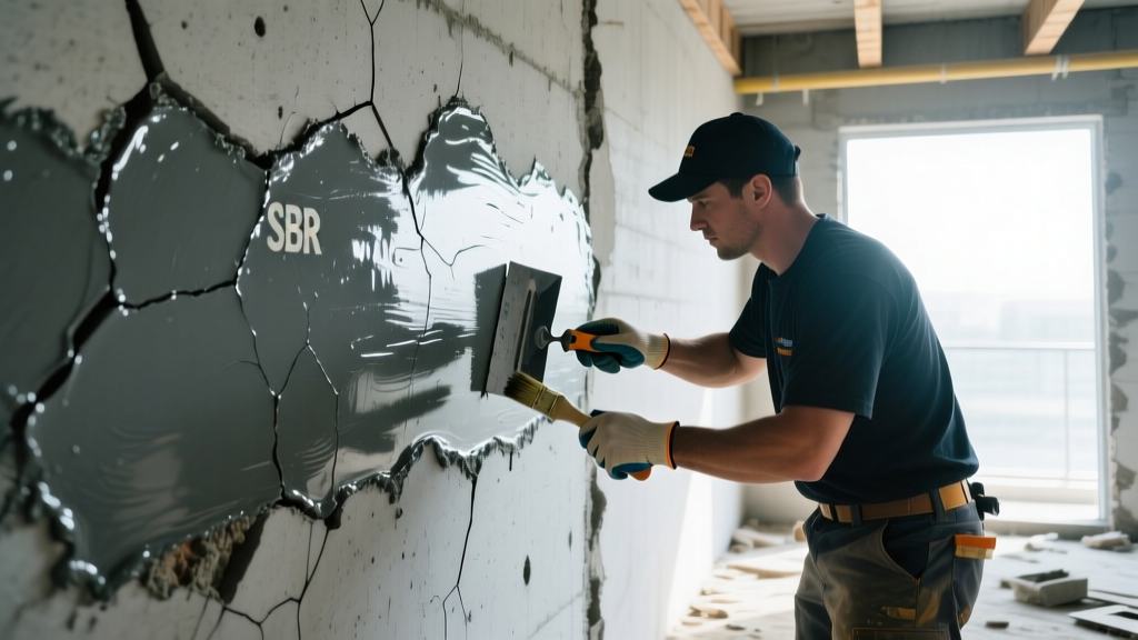 Contractor applying liquid SBR latex bonding admixture to a cracked concrete foundation wall during structural repair in bright daylight