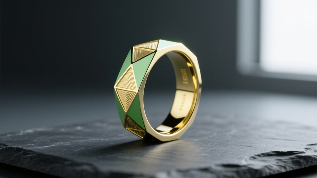 18k green gold ring on dark slate, soft light revealing its subtle pale yellow-green hue and brushed metal texture.