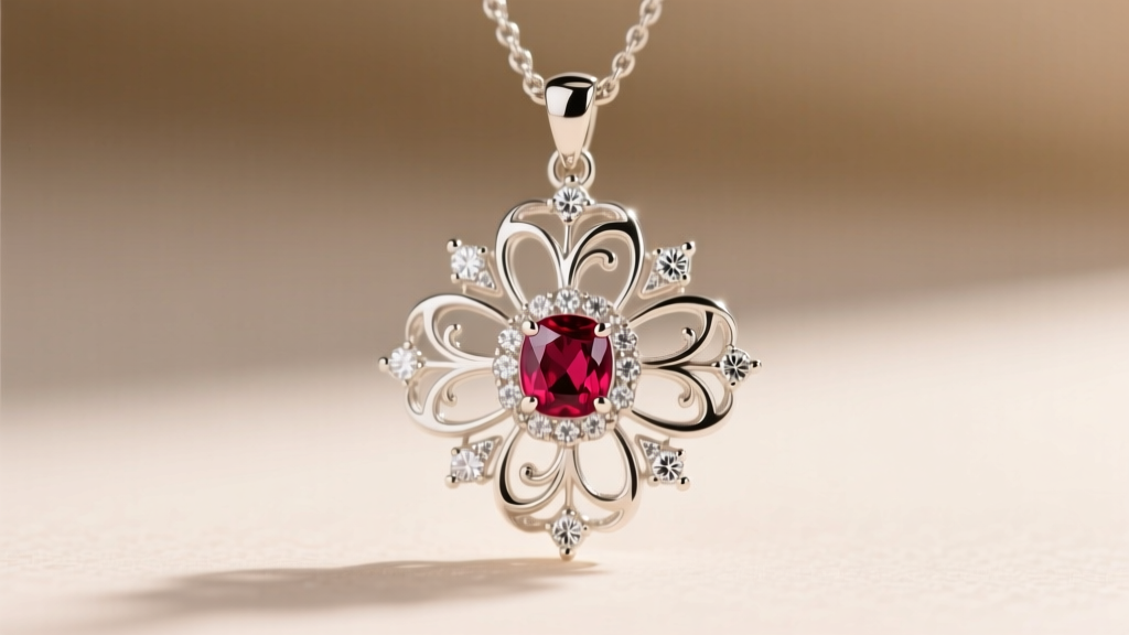 Macro shot of a floral pendant with a bezel-set ruby center and diamond accents in white gold on a softly blurred neutral backdrop.