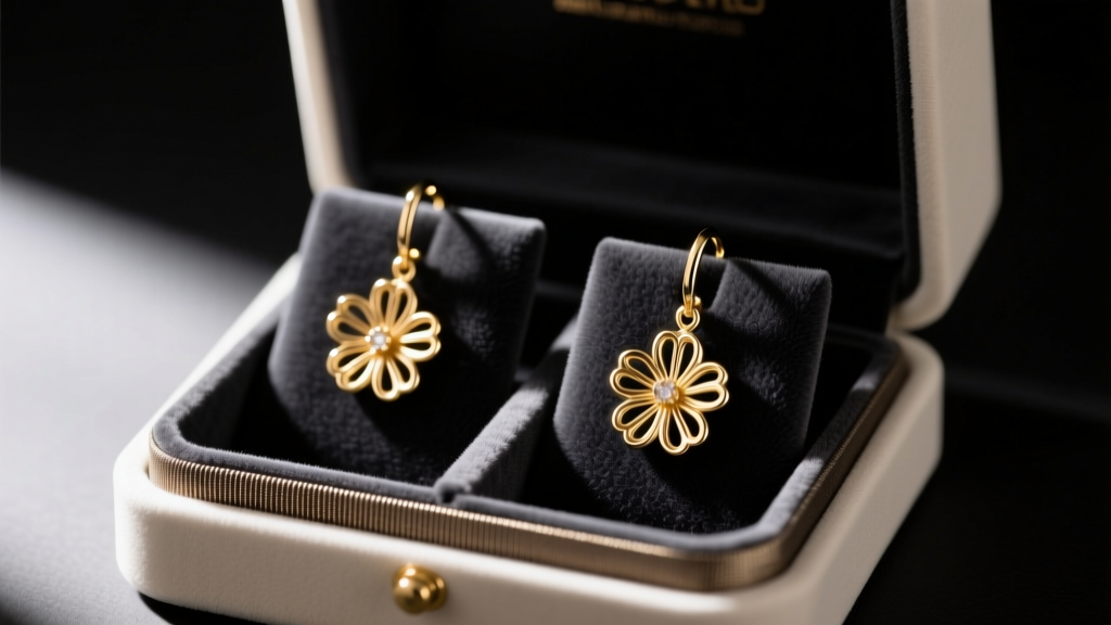 Open jewelry box displaying gold flower drop earrings separated by velvet dividers, with a dark anti-tarnish strip tucked inside.