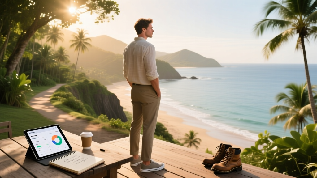 Michael looking at beautiful beach surrounded by lush jungle